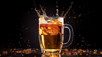 Lager beer in pint glass with splashes. Professional studio photography style, great for beer commercial. Concepts of brewery, bar, pub and alcohol drinks.