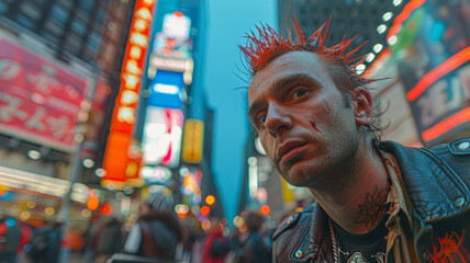 Obraz premium Man with mohawk in neon-lit city