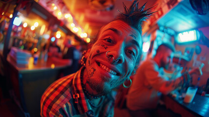 Man with tattoos smiling in a bar