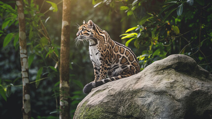 Leopardo nebuloso em cima de uma rocha na floresta