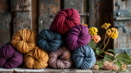 Colorful Wool Yarns and Wildflowers on Rustic Wood