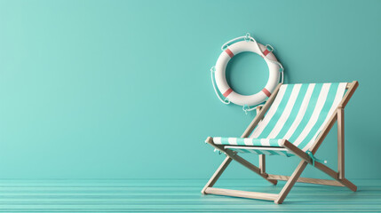 Striped beach chair with lifebuoy against a turquoise backdrop