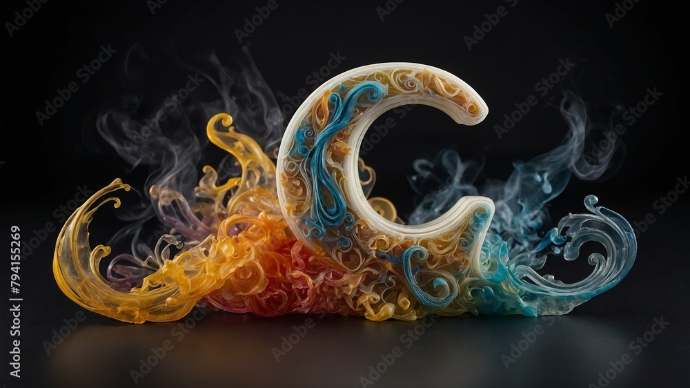Poster vibrant, multicolored, ornate object resembling stylized wave, curl emits smoke, vapor against dark 