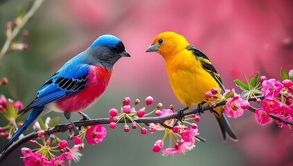 Two colorful birds on a cherry blossom branch, with a pink background. A yellow and blue bird amidst pink flowers