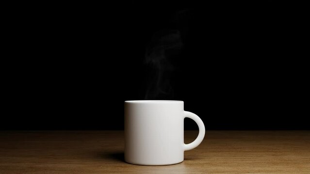 3d rendering white coffee cup with steam smoke on dark background. Hot coffee cup animation concept