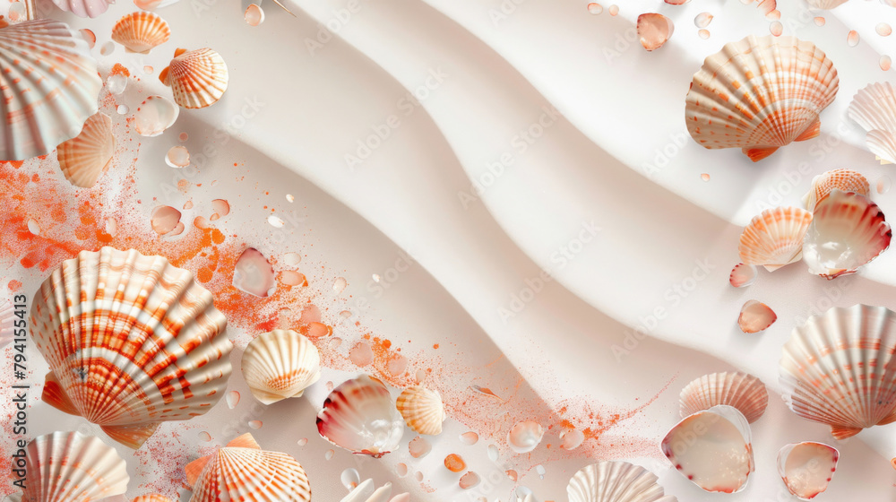 Poster idyllic summer backdrop with seashells and sandy texture