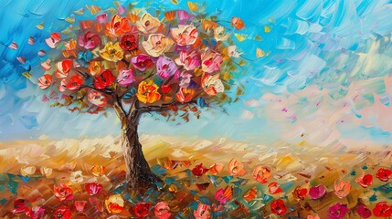autumn tree with colorful flowers oil painting on canvas impressionist art style - obrazy, fototapety, plakaty