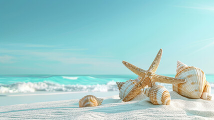 Fototapeta na wymiar Tranquil beach scene with starfish and shells on white sand against a turquoise sea backdrop