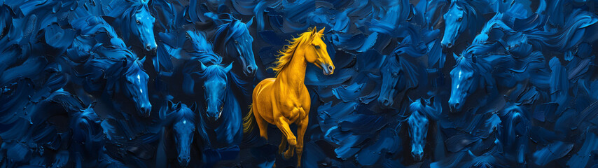 A vibrant yellow horse stands out in a crowd of identical blue horses, symbolizing individuality, uniqueness, and the courage to be different, created with generative AI technology