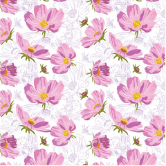 Fototapeta na wymiar Pink cosmic flowers blooming on a white background. Floral seamless pattern with pink flowers. Vector background for fabric, wallpaper, decoration, textile, wrapping paper.