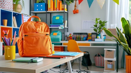 bright and organized school setup with an orange backpack and essential supplies on a desk ready for a new academic year