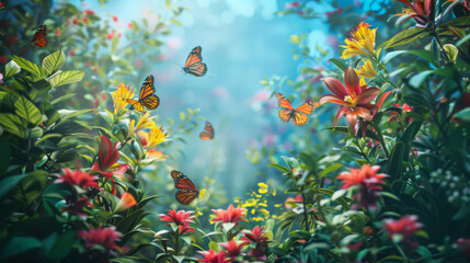 Obraz na płótnie Canvas Lush floral background with vibrant butterflies in a serene summer garden