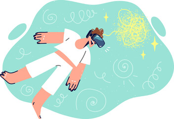 Man feels feeling of flight thanks to VR technology and use of glasses that immerses in virtual reality. Guy in wireless VR glasses enjoys traveling through space and visiting fantastic metaverses