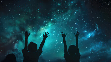 Fototapeta na wymiar Stellar Dreams: Silhouettes Reaching for the Stars