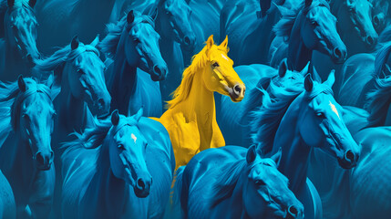 A vibrant yellow horse stands out in a crowd of identical blue horses, symbolizing individuality, uniqueness, and the courage to be different, created with generative AI technology