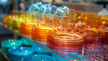 Colorful plates and glasses on a shelf.