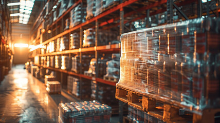 Warehouse interior with pallets wrapped in plastic