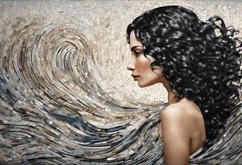 An Art Deco mosaic portrait of a beautiful woman with black hair. Possibly symbolizing an aura energy wave. Great wall art for your hair salon, sauna, yoga studio, or female-owned business.