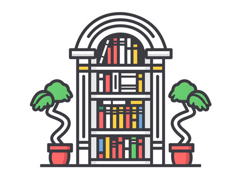 recommend clip art: Outline icon of a book on a bookshelf. Black line and minimal style. White background.