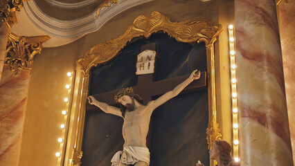 The crucifixion of Jesus in a Catholic church.