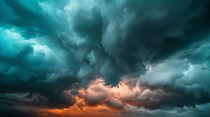 Foto op Plexiglas dramatic stormy sky with lightning over dark clouds severe weather warning banner © Bijac