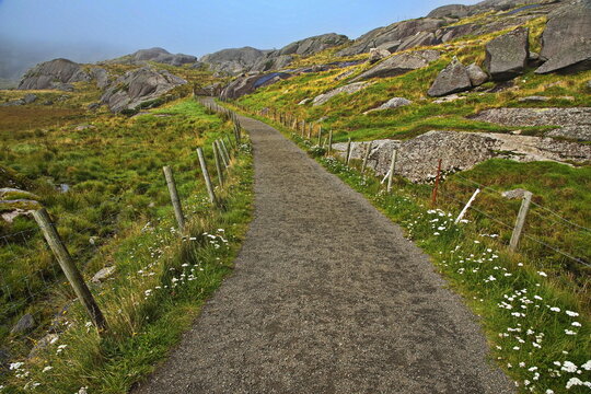 Hiking track to the lighthouse Eigeroy Fyr on the island Midbrodoya at Egersund in Norway, Europe
