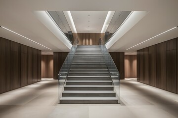 Sleek staircase, minimalist design, elegant and spacious interior with bright lighting