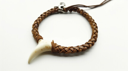 A choker necklace made of braided leather adorned with a large polished bone pendant. .