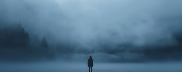 a person standing in the fog