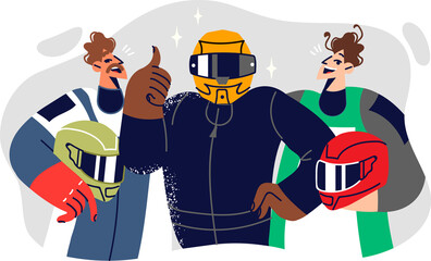 Racing drivers with helmets participate in extreme competitions on motorcycles or high-speed cars. Racing driver shows thumbs up promising to win upcoming tournament at race track.