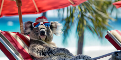 Relaxing koala wearing sunglasses on beach lounger: summer vacation atmosphere with tropical mood. Copy space. - 794158421