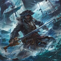 a pirate holding a sword in the water