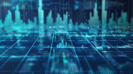 Futuristic Data Interface - Blue Financial Network Visualization. A high-tech blue grid interface representing a digital data network.