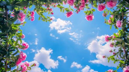 Obraz na płótnie Canvas Lush pink blooms border a vibrant blue summer sky with fluffy clouds