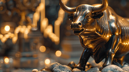Charging Bull sculpture, warm lighting.
