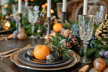 Obraz na płótnie Canvas Sparse New Year's table, elegant 2025 decor, understated festivity