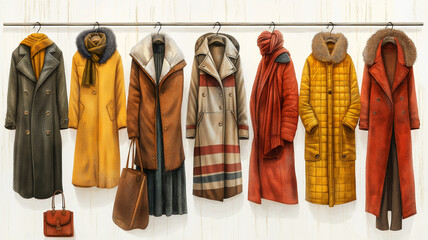 A row of coats and scarves hanging on a rack