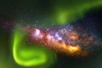 Night starry sky. Green aurora borealis. Milky Way and Northern lights