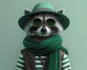 Fashionable raccoon with sunglasses and green hat, quirky style and personality flair
