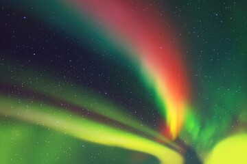 Colorful polar lights. Red green aurora borealis. Night starry sky
