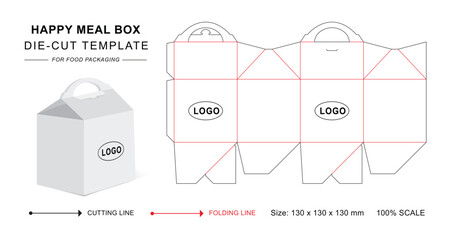 Happy meal box die cut template with 3D blank vector mockup for food packaging