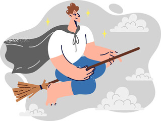 Boy from school for young wizards flies on broom among clouds, fantasizing about magic in sleep. Smiling man in raincoat flies on broom, imagining having magical transport to move through air
