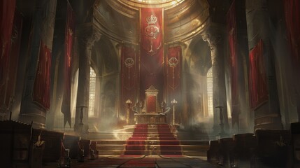 a throne room with red carpet and a large window