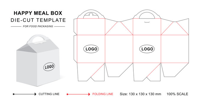 Happy meal box die cut template with 3D blank vector mockup for food packaging