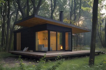 Sparse summer cabin, clean lines, surrounded by nature, tranquil retreat