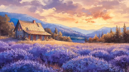 A painting of a house and a field of purple flowers
