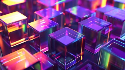 abstract 3d background with glass squares and iridescent neon gradient light futuristic design