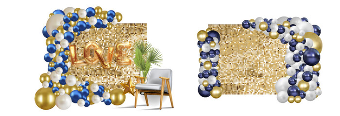 A festive banner with sequins- white, yellow, shiny golden balloons and confetti made of gold and black foil.Photo zone for a holiday, birthday