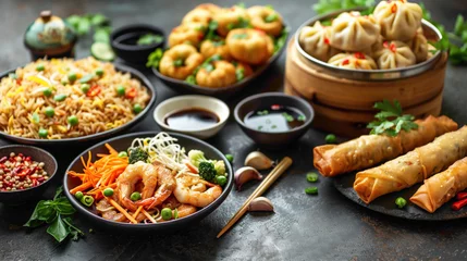  Chinese food dark background, Chinese noodles, fried rice, dumplings, peking duck, dim sum, spring rolls, Famous Chinese cuisine dishes set, Space for text, Top view, Chinese restaurant concept © Food Cart