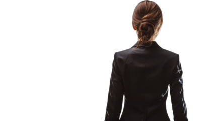 Elegant woman in business black suit walking away